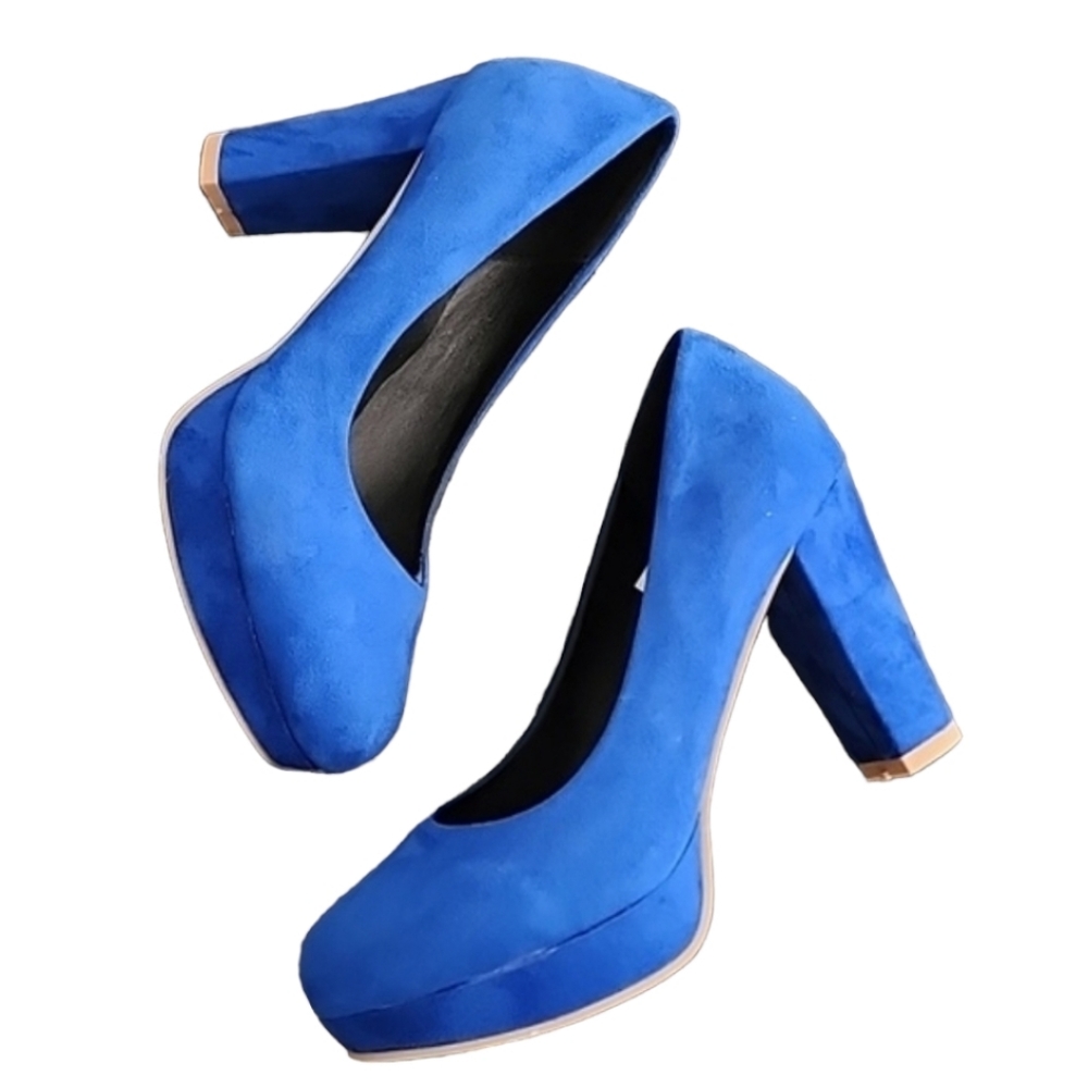 COBALT BLUE VEGAN SUEDE Platform Pumps 7.5 Heels Y2K Vibe Chunky Heel - Picture 7 of 16